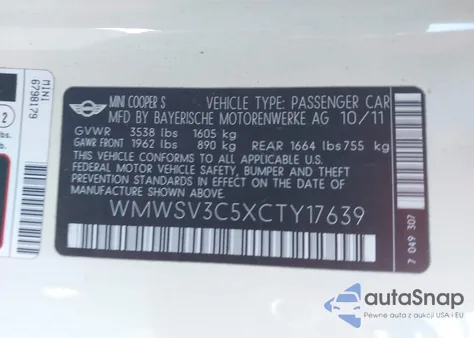 2012 Mini Cooper S from USA, damaged, VIN WMWSV3C5XCTY17639